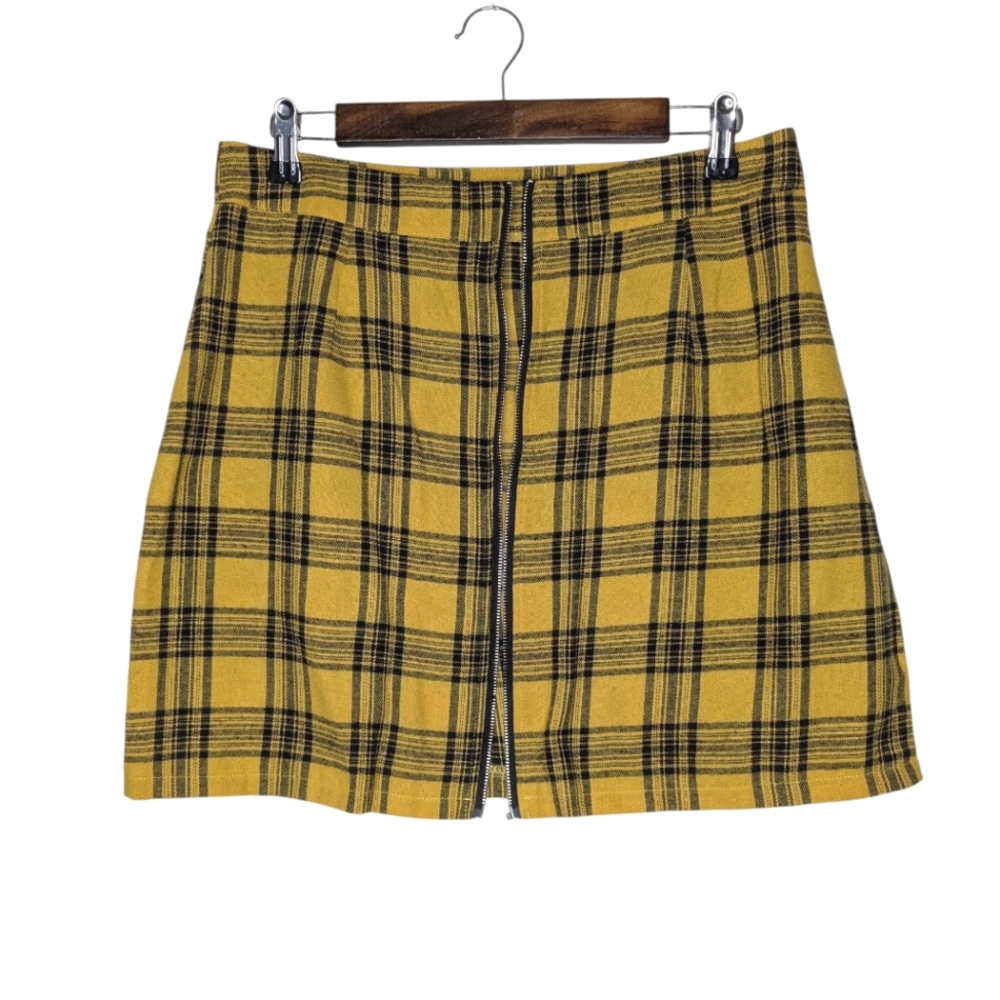 Emery Rose Yellow Black Plaid Zip Up Mini Skirt Size Large *Flaw Missing Zipper*